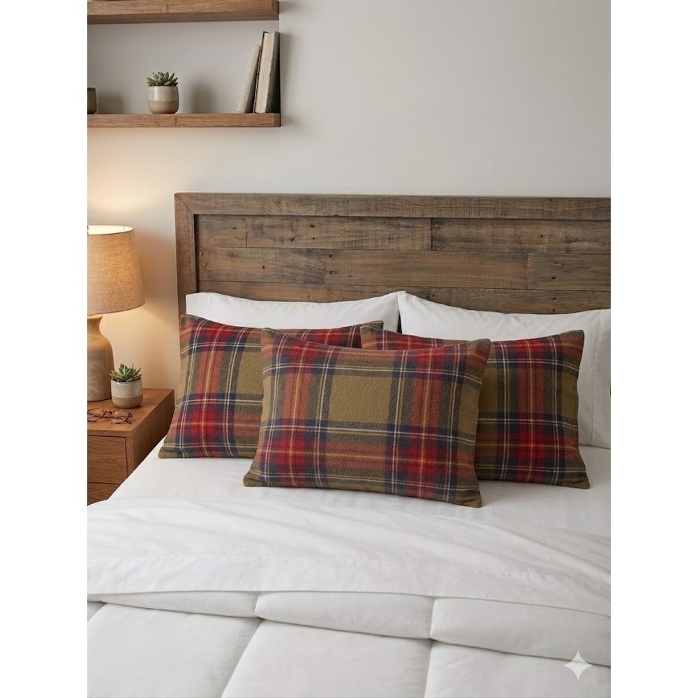 Orvis Portuguese Cotton Flannel Standard Pillowcase‎ Red Olive Plaid Set of 3